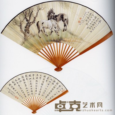 戈湘岚 张元济 双骏图、书法 18.5×49.5 cm