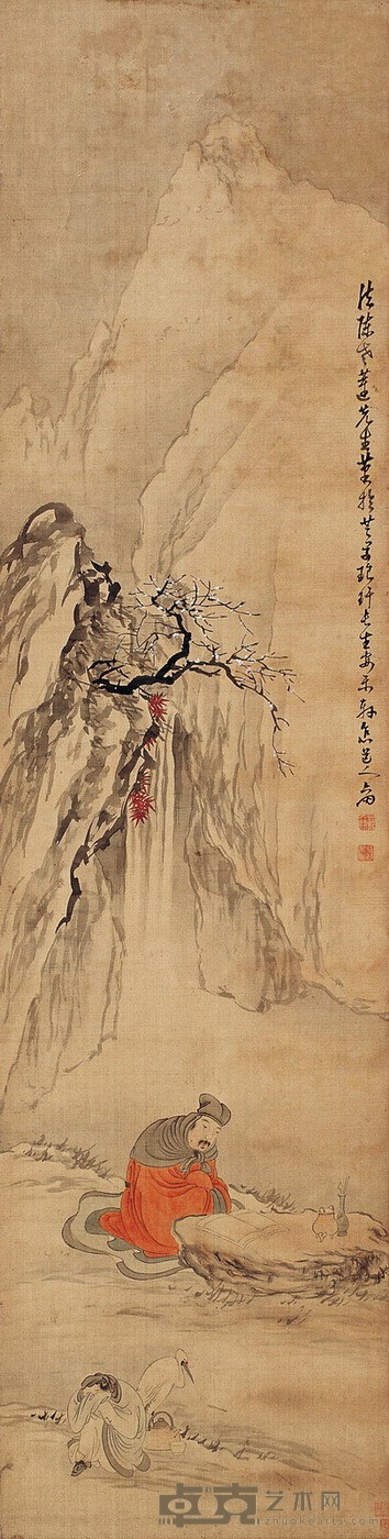 苏六朋 山居读书 设色绢本 立轴 168×42.5cm