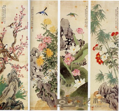 黄山寿 四时花卉 设色纸本 屏条 195.5×50cm×4