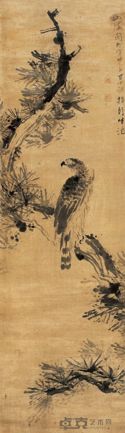 甘士调(清早期) 松鹰图 设色绫本 立轴 157×45.5cm