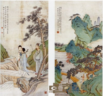 黄山寿 朱良材(民国) 山水、人物 设色纸本 镜片 103×51.5cm×2