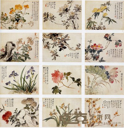 朱 熊 花卉集锦册 设色绢本 册页(12开) 26.5×35cm×12