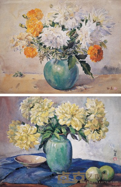 李咏森 瓶花(两幅) 纸板水彩 38×51cm