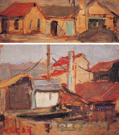 王流秋 红瓦民居(两幅) 纸本油画 11.5×30cm    16×20cm