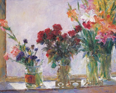 韦启美 窗台上的花卉 布面油画 68×81cm