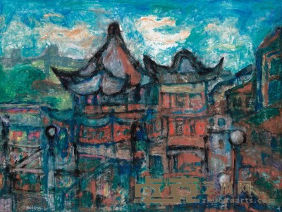 孔柏基 上海老庙 皮纸油画 91×119cm