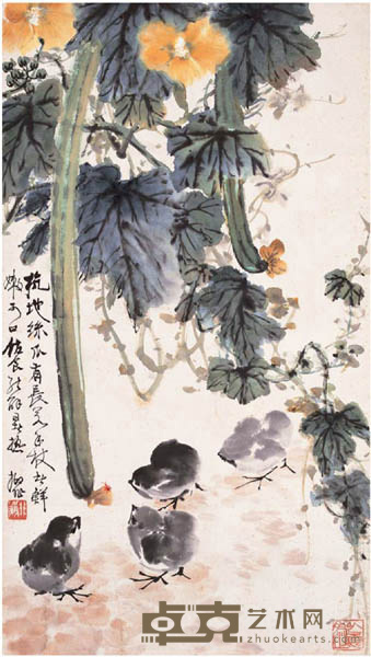 陆抑非 丝瓜小鸡 立轴 68*38.5