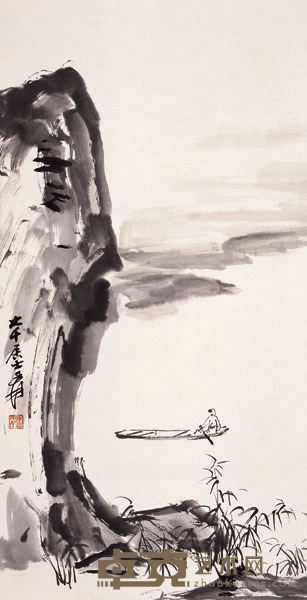张大千 空崖泛舟 镜片 68*34