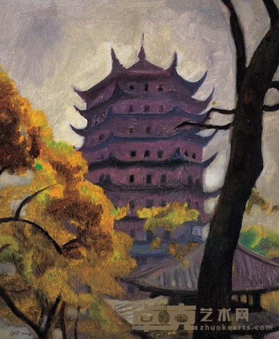 朝戈 六和塔 布上油画 60*50